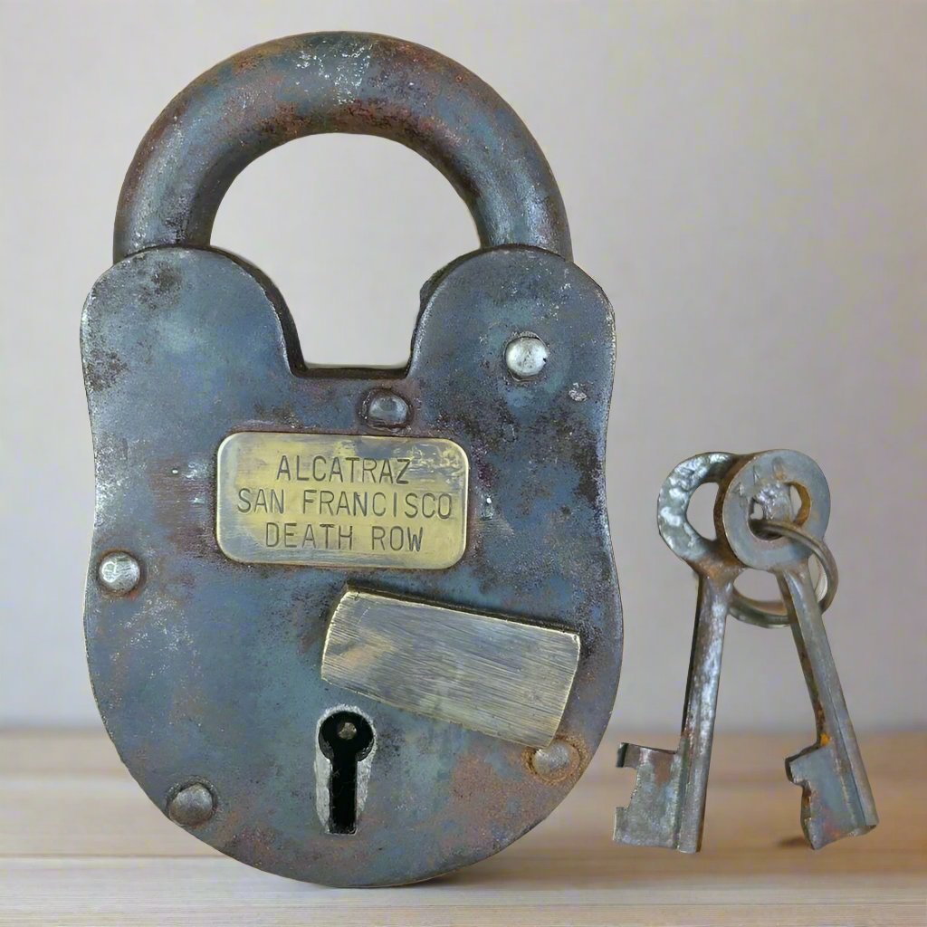 Alcatraz Prison San Francisco Death Row Lock Cast Iron With Keys & Antique Finish (3" x 5") - Jones Peak