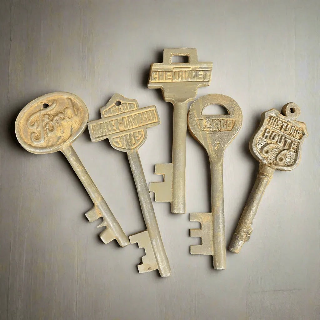 Automotive Cast Iron Set of 5 Keys With Antique Finish (Ford, HD, Chevrolet, Texaco, & Route 66) - Jones Peak