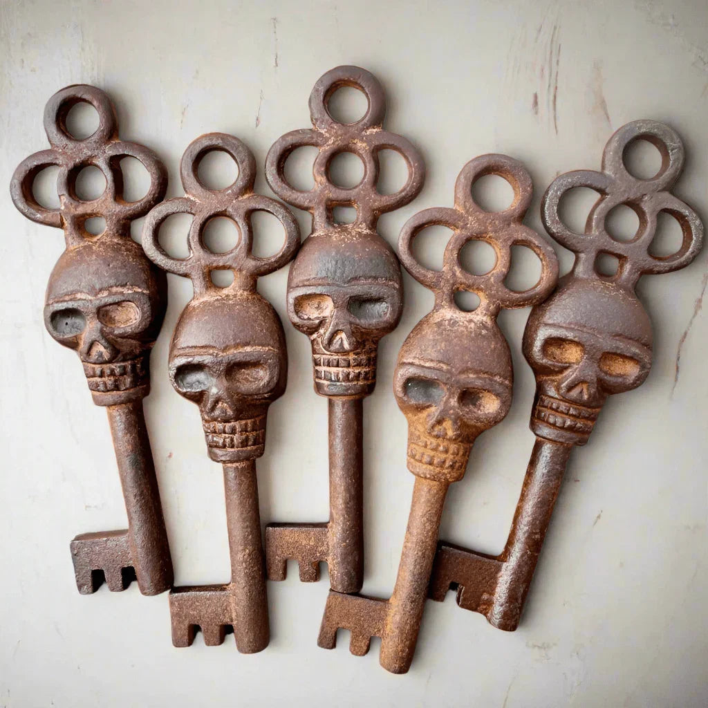 Skull Cast Iron Skeleton Keys With Raised Detail & Antique Finish (Set of 5) - Jones Peak