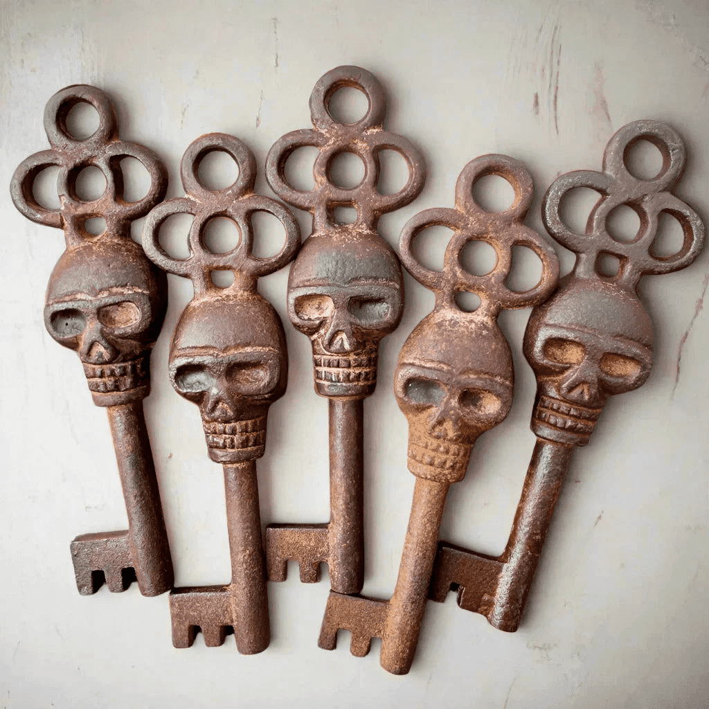 Skull Cast Iron Skeleton Keys With Raised Detail & Antique Finish (Set of 5) - Jones Peak