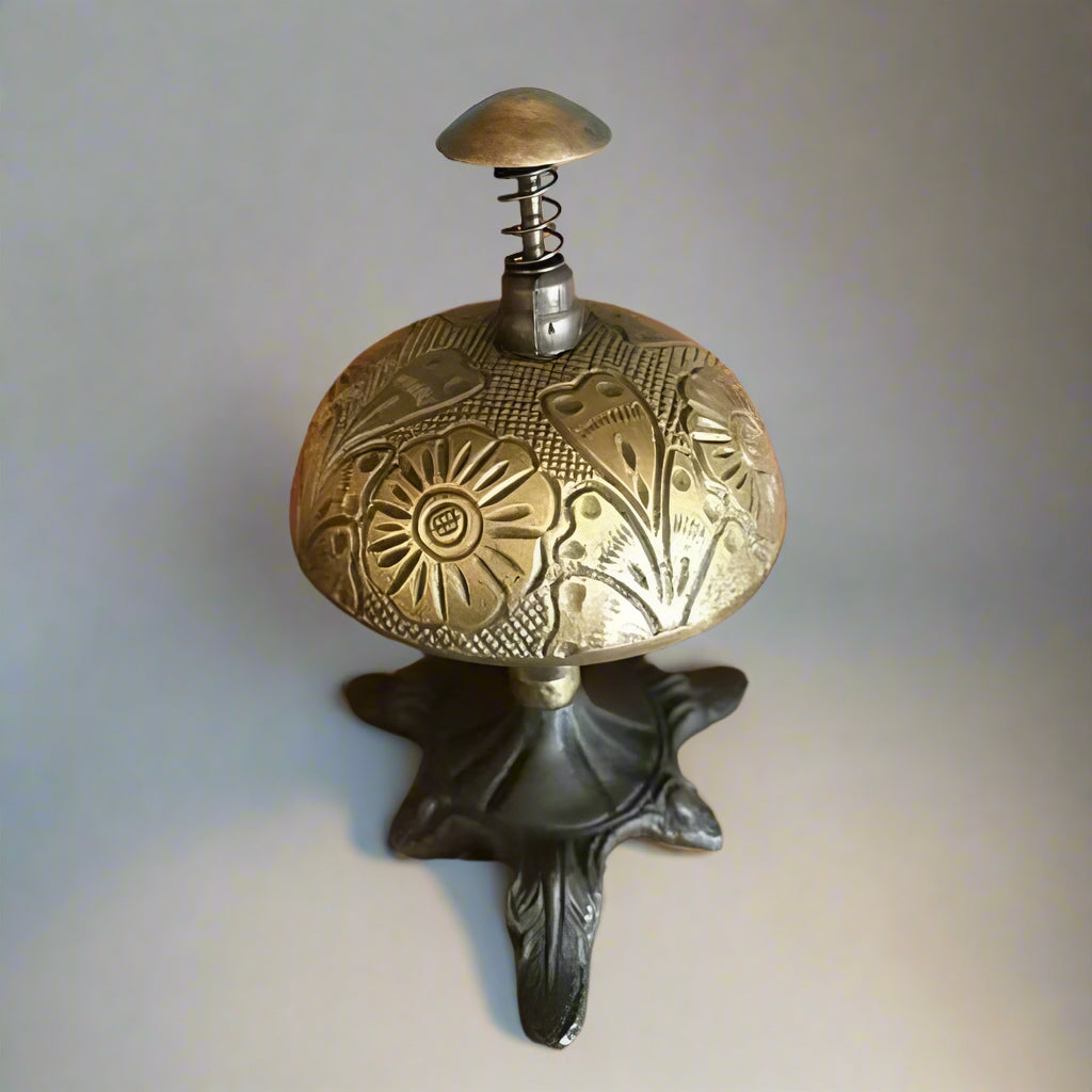 Hotel Desk Bell On Stand Solid Brass With Floral Engraving And Antique Patina Finish (5" x 3.5")