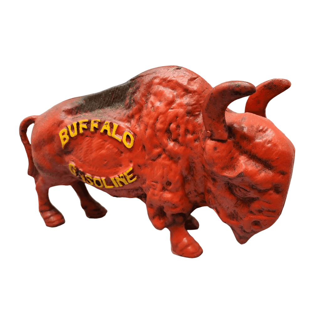 Buffalo Gasoline Cast Iron Coin Bank With Raised Lettering And Painted Antique (7.5" x 5" x 2") - Jones Peak