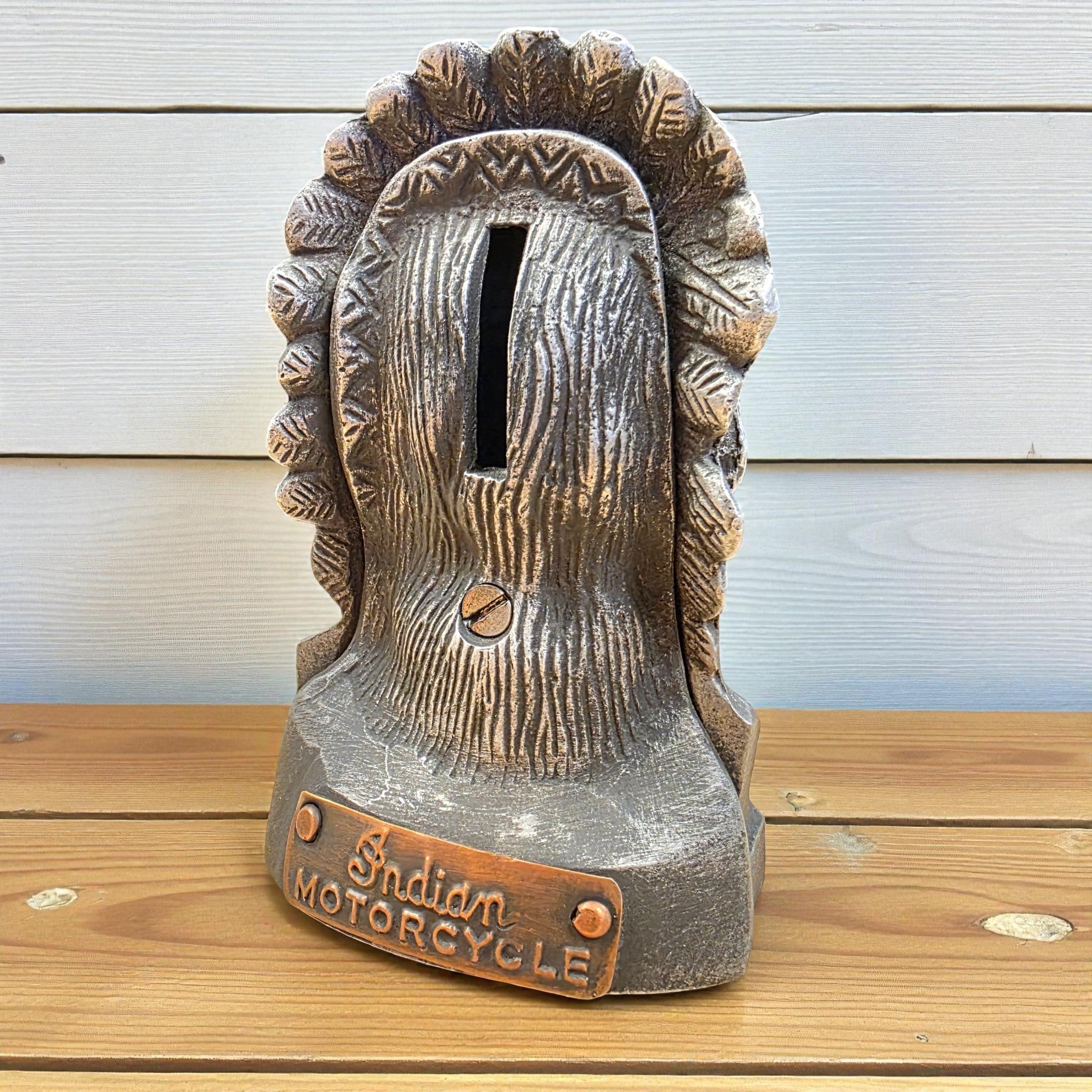 Indian Motorcycle Aluminum Coin Bank With Copper Tag And Antique Finish (4.75" x 2.75") - Jones Peak