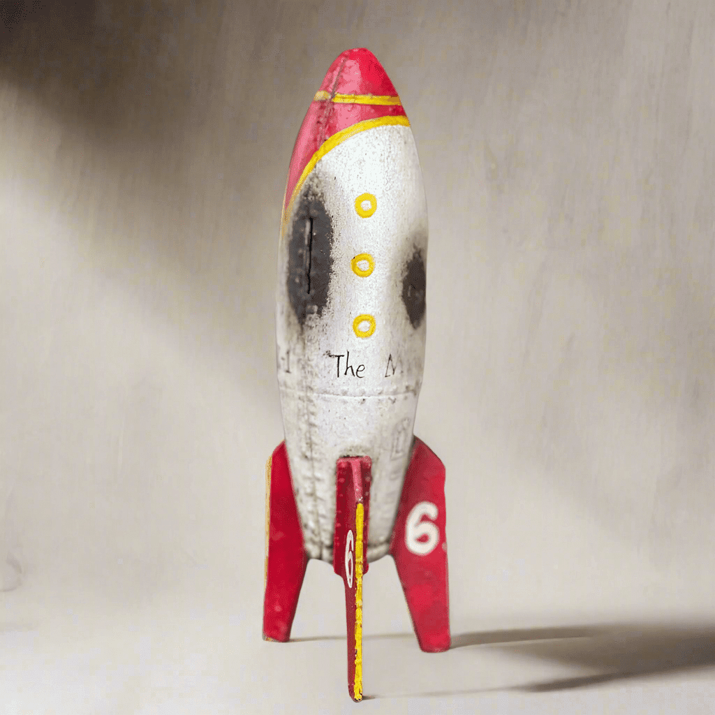 Rocket To The Moon Cast Iron Coin Bank With Painted Antique Finish (9" x 3") - Jones Peak