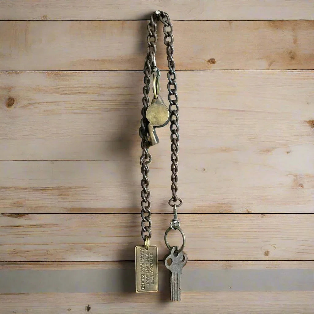 Alcatraz Prison Guard Iron Cell Key, Tag & Solid Brass Whistle (27" Chain) - Jones Peak