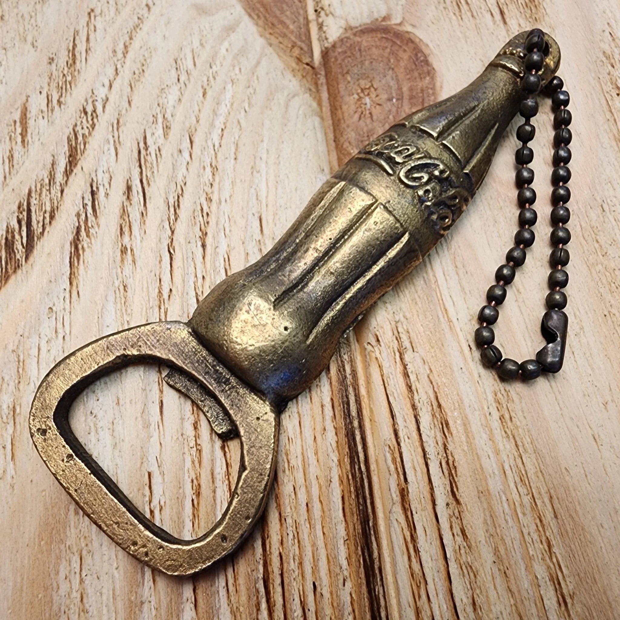 Coca - Cola Bottle Solid Brass Bottle Opener With Raised Lettering & Chain (4.5" x 2") - Jones Peak