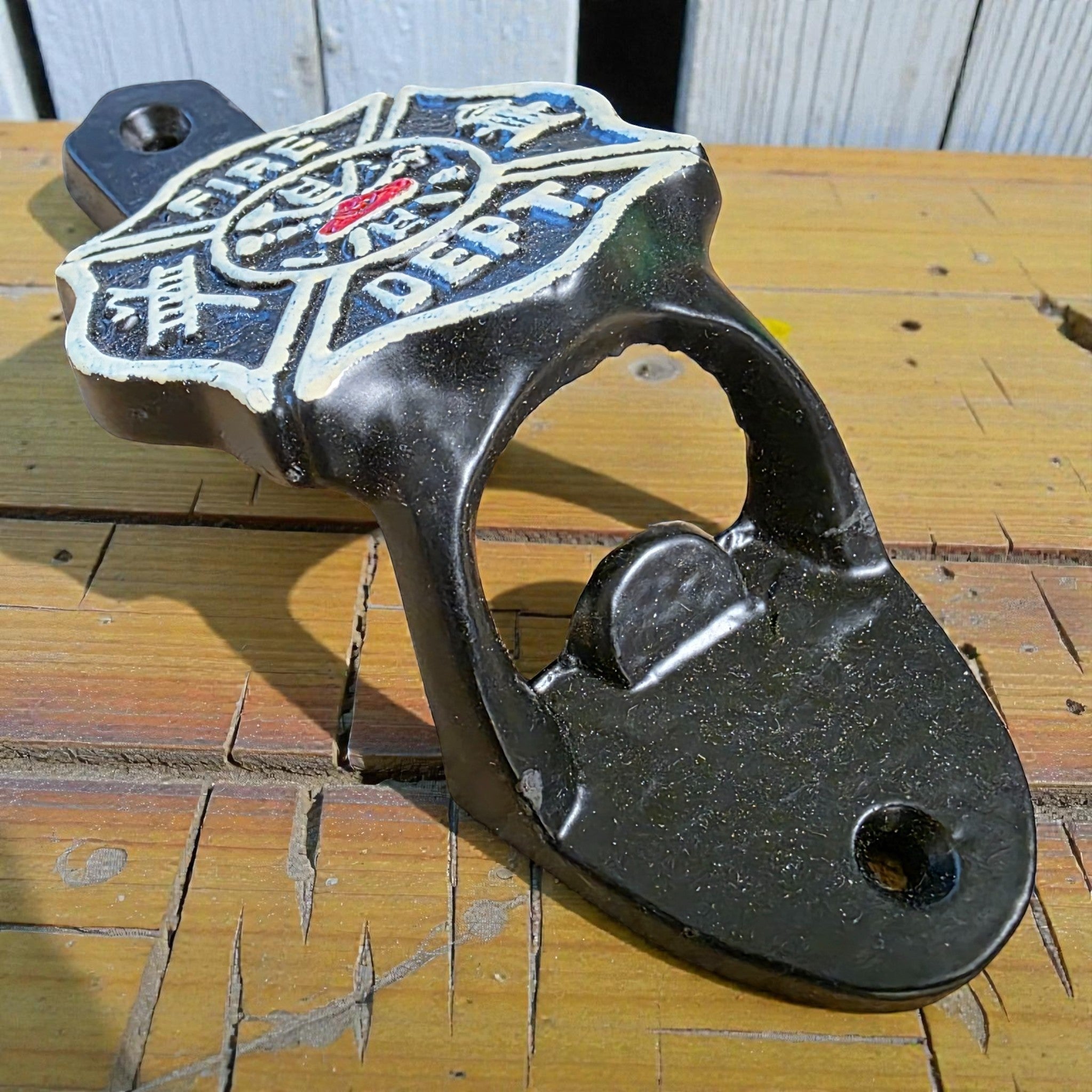 Fire Department Cast Iron Wall Mounted Bottle Opener With Raised Lettering & Painted Finish (4.5" x 2.25") - Jones Peak