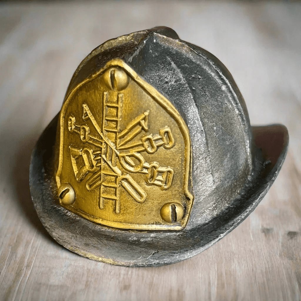 Fire Helmet Cast Iron Bottle Opener With Zinc Embossed Plate (2.5" x 2.5") - Jones Peak