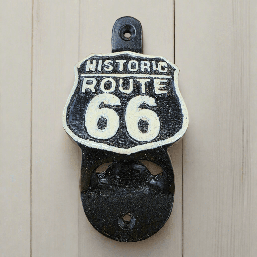 Route 66 Cast Iron Wall Mounted Bottle Opener With Raised Detail (4.5" x 2.25") - Jones Peak