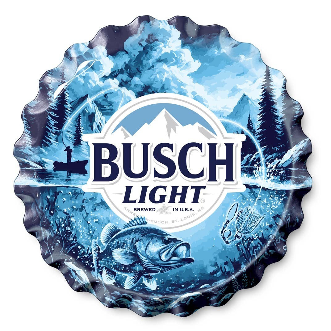 Busch Light Fishing 18 inch bottle cap metal sign with bass, trees and mountains