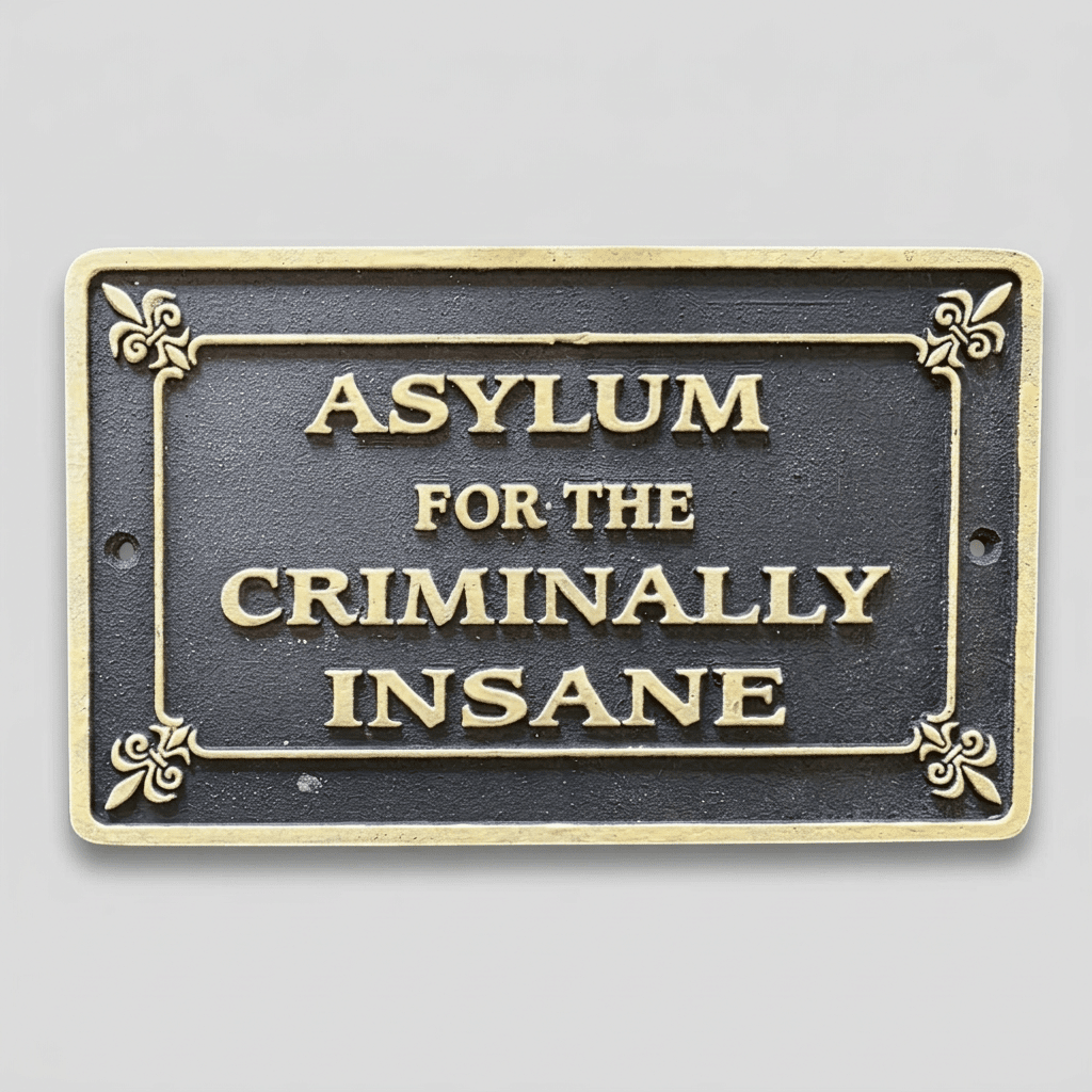 Jones Peak cast iron plaque with antique finish reading Asylum for the Criminally Insane with embossed gold lettering.