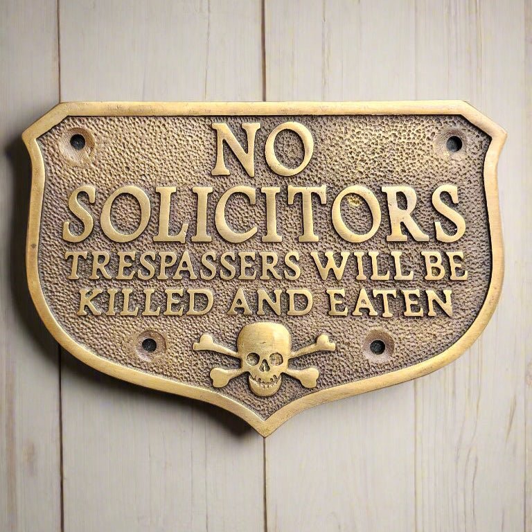Pirate Skull No Solicitors Solid Brass Plaque With Antique Finish (5.25" x 4") - Jones Peak