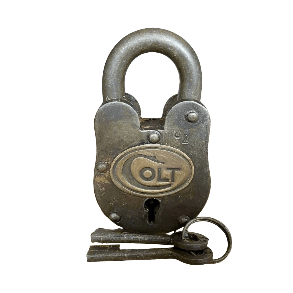 Colt Gun Cabinet Cast Iron Lock and Keys With Antique Finish (4" x 2") - Jones Peak