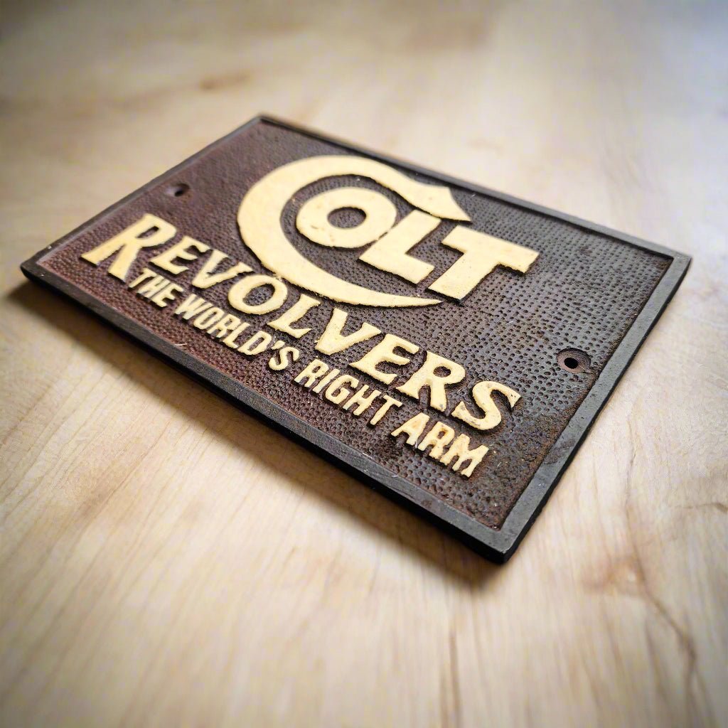 Colt Revolvers Cast Iron Plaque With Raised Lettering & Antique Finish (6.25 x 4.25") - Jones Peak