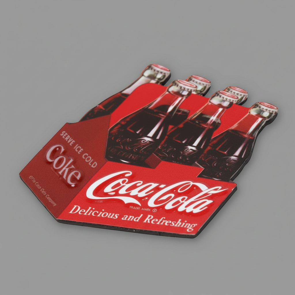 Angled view of the Coca-Cola six-pack metal magnet showing its thin profile and embossed bottle and carton details.