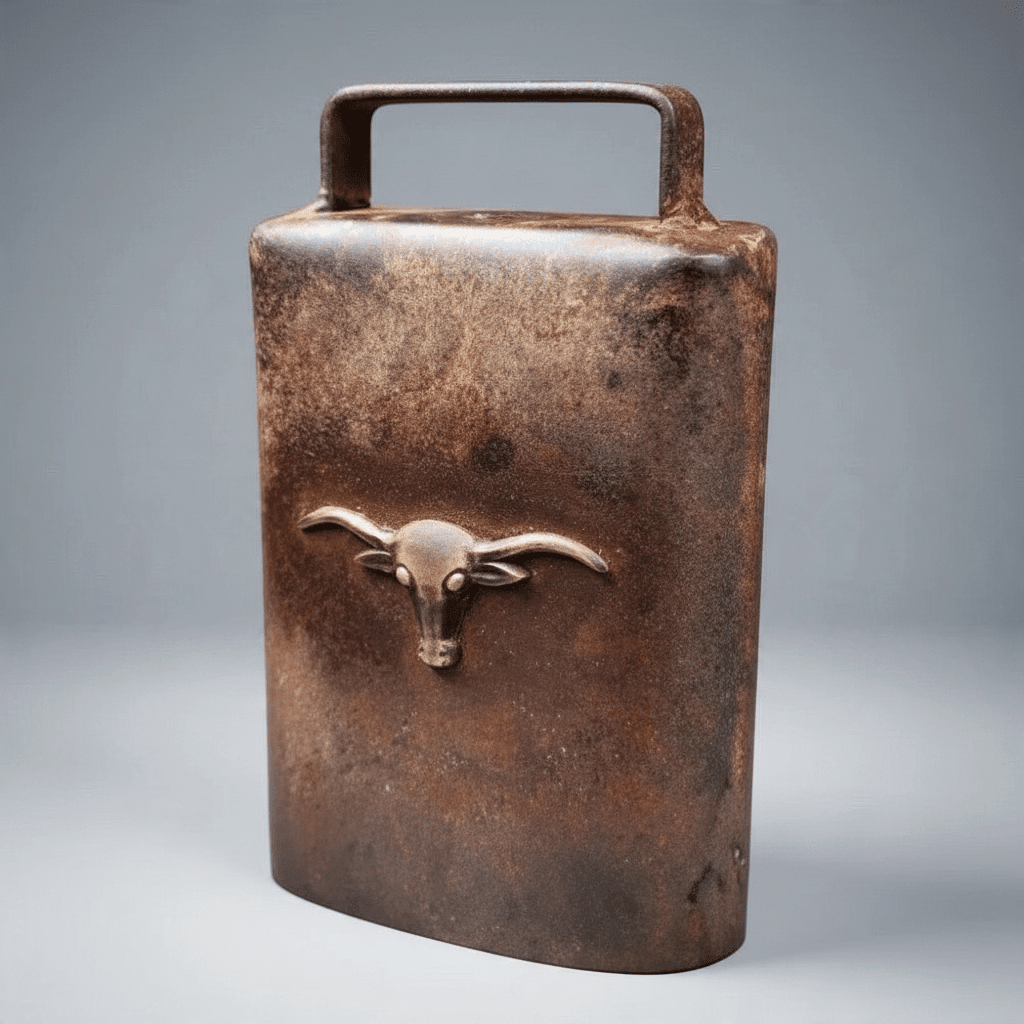 Jones Peak rustic cast iron cow bell with an antique patina finish and a decorative steer head emblem.
