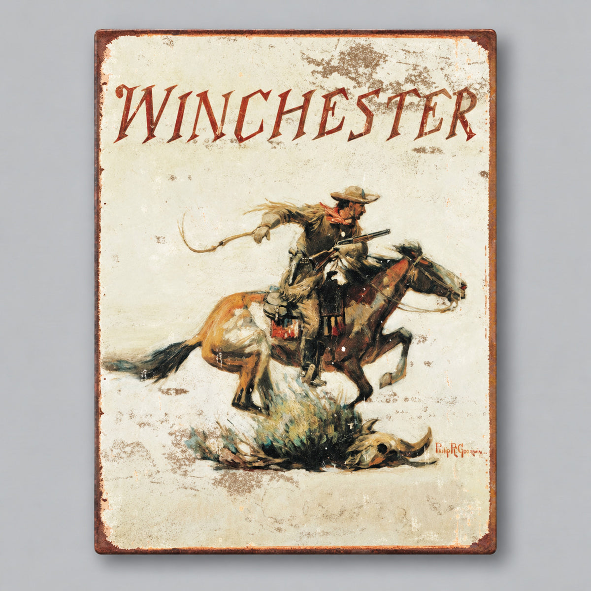 Winchester Horse & Rider Metal Sign on a soft gray background