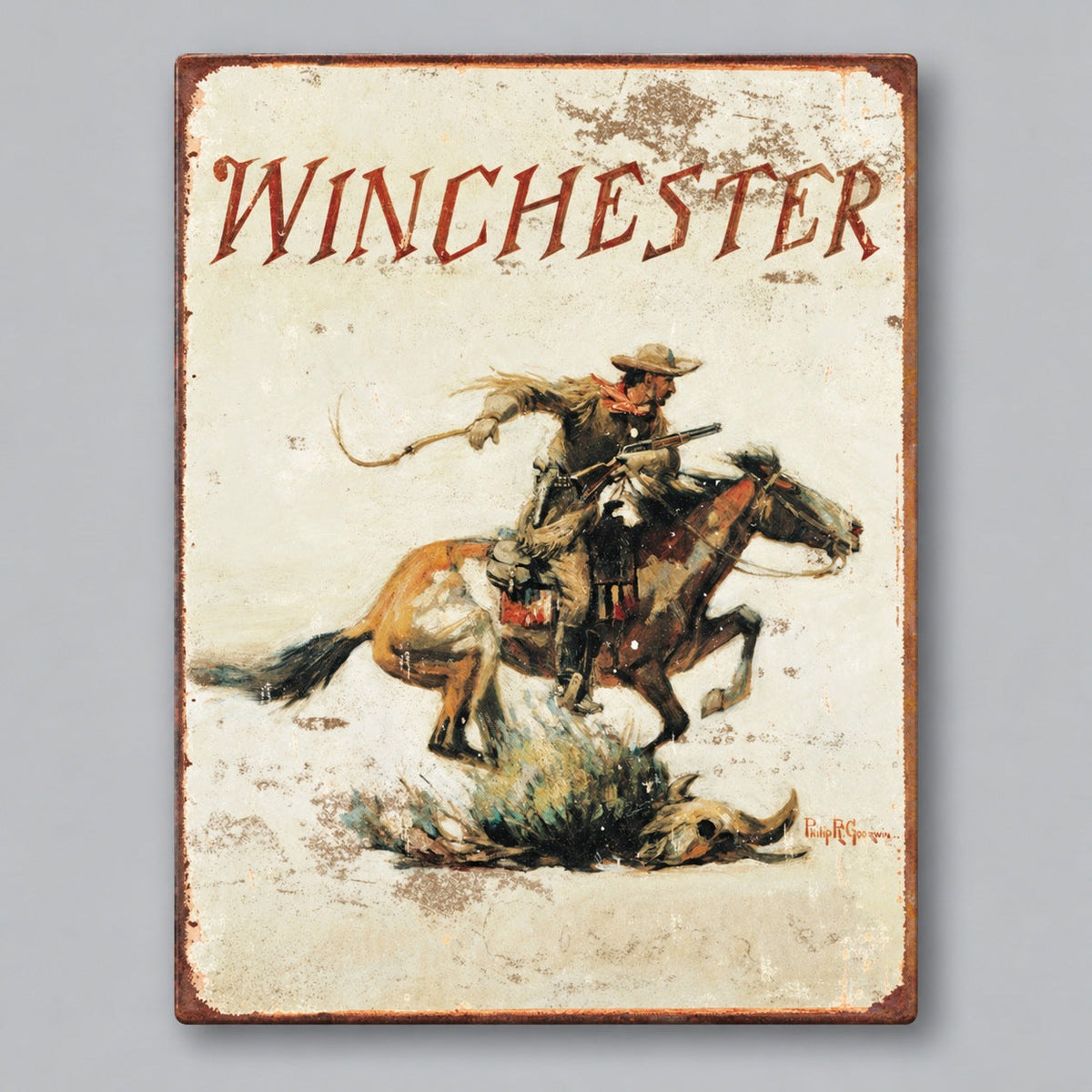 Winchester Horse & Rider Metal Sign on a soft gray background