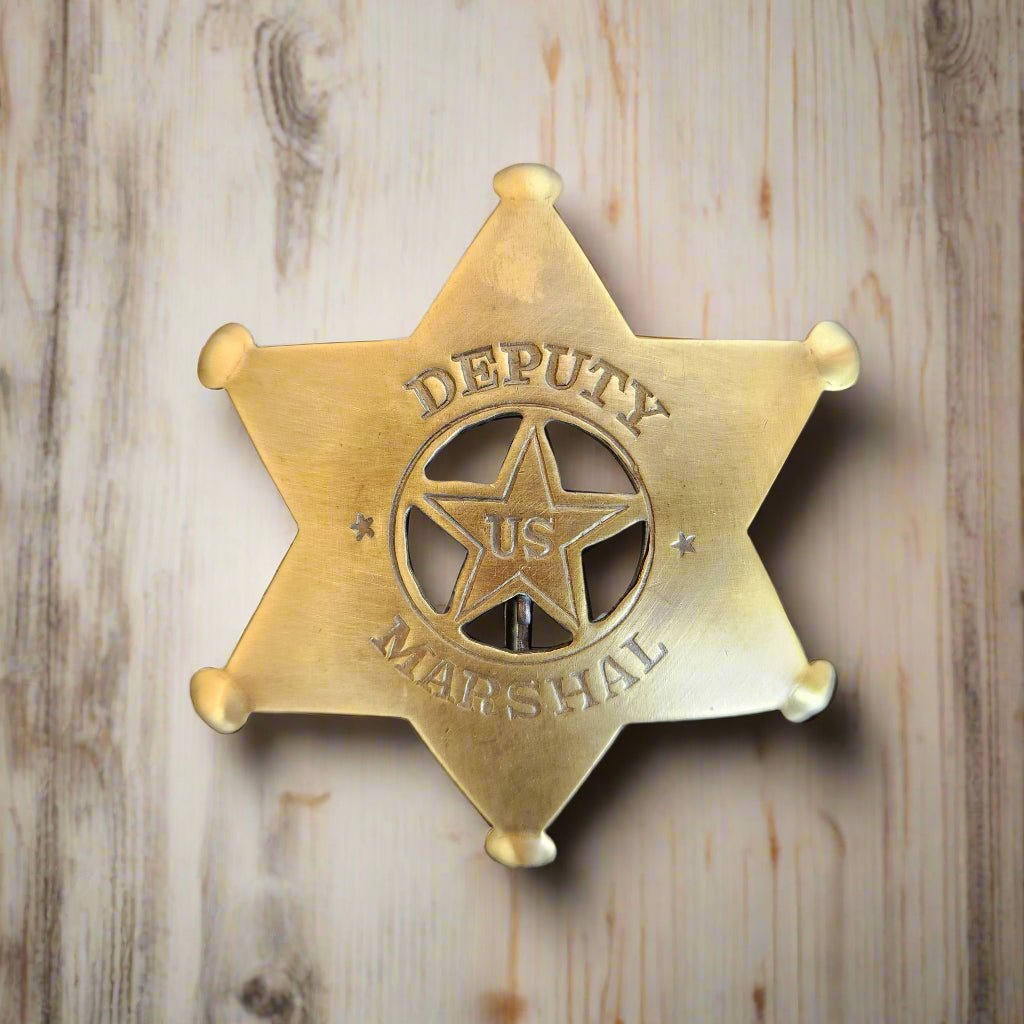 Deputy US Marshal Solid Brass Star Badge With Antique Finish & Soldered Pin (3" x 2.25") - Jones Peak
