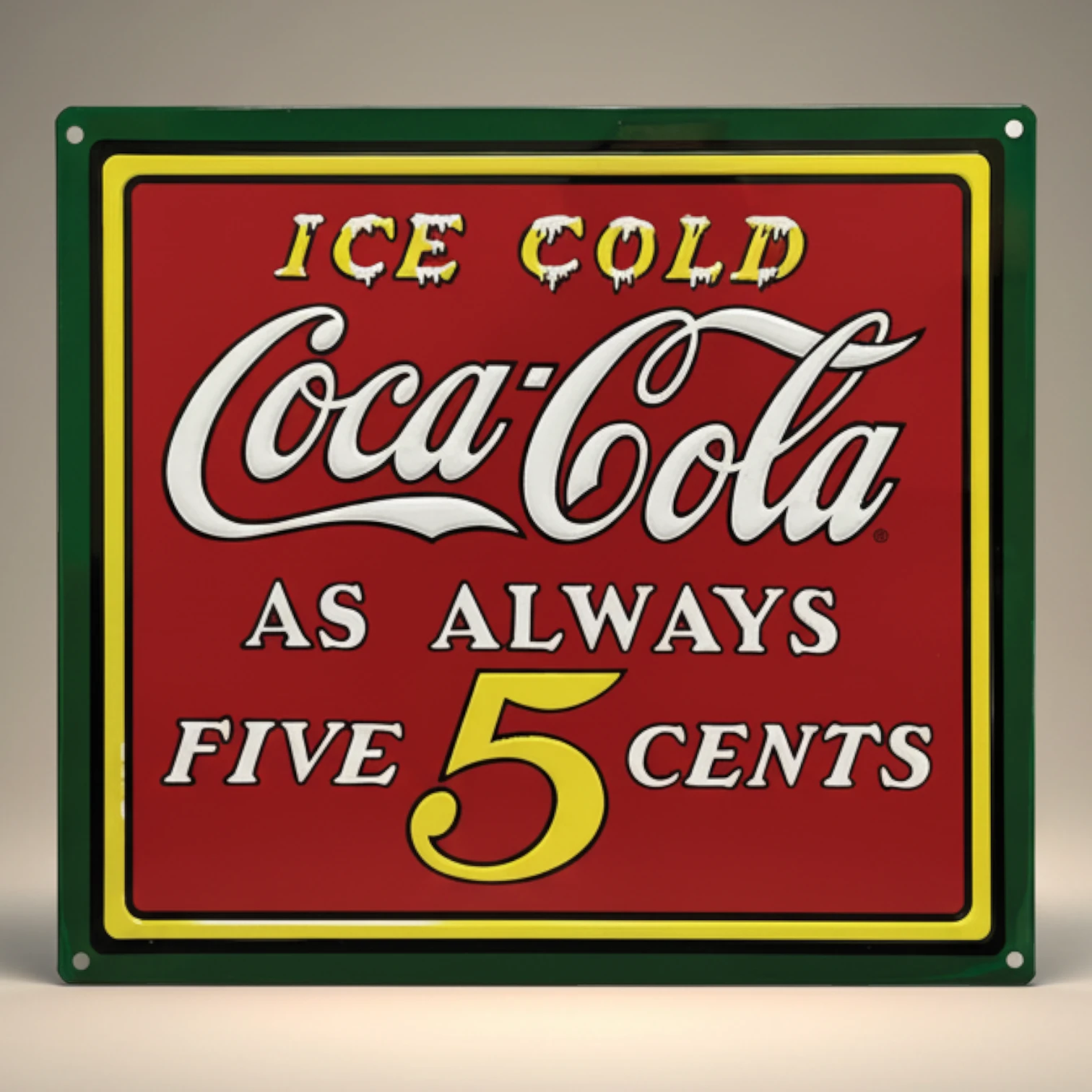 Coca-Cola Ice Cold 5 Cents Embossed Metal Wall Sign