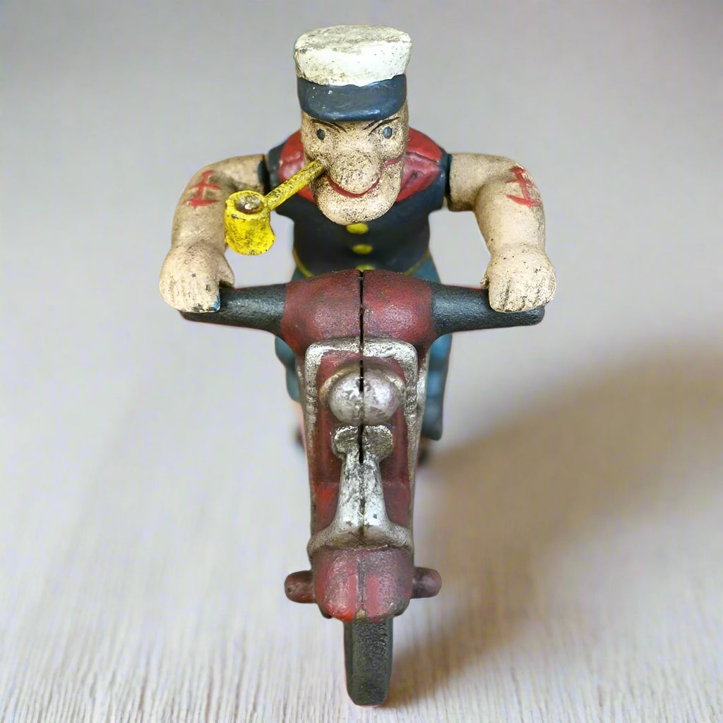 Popeye Sailor Man Patrol Motorcycle Figurine Cast Iron Painted With Antique Finish (8" x 6")