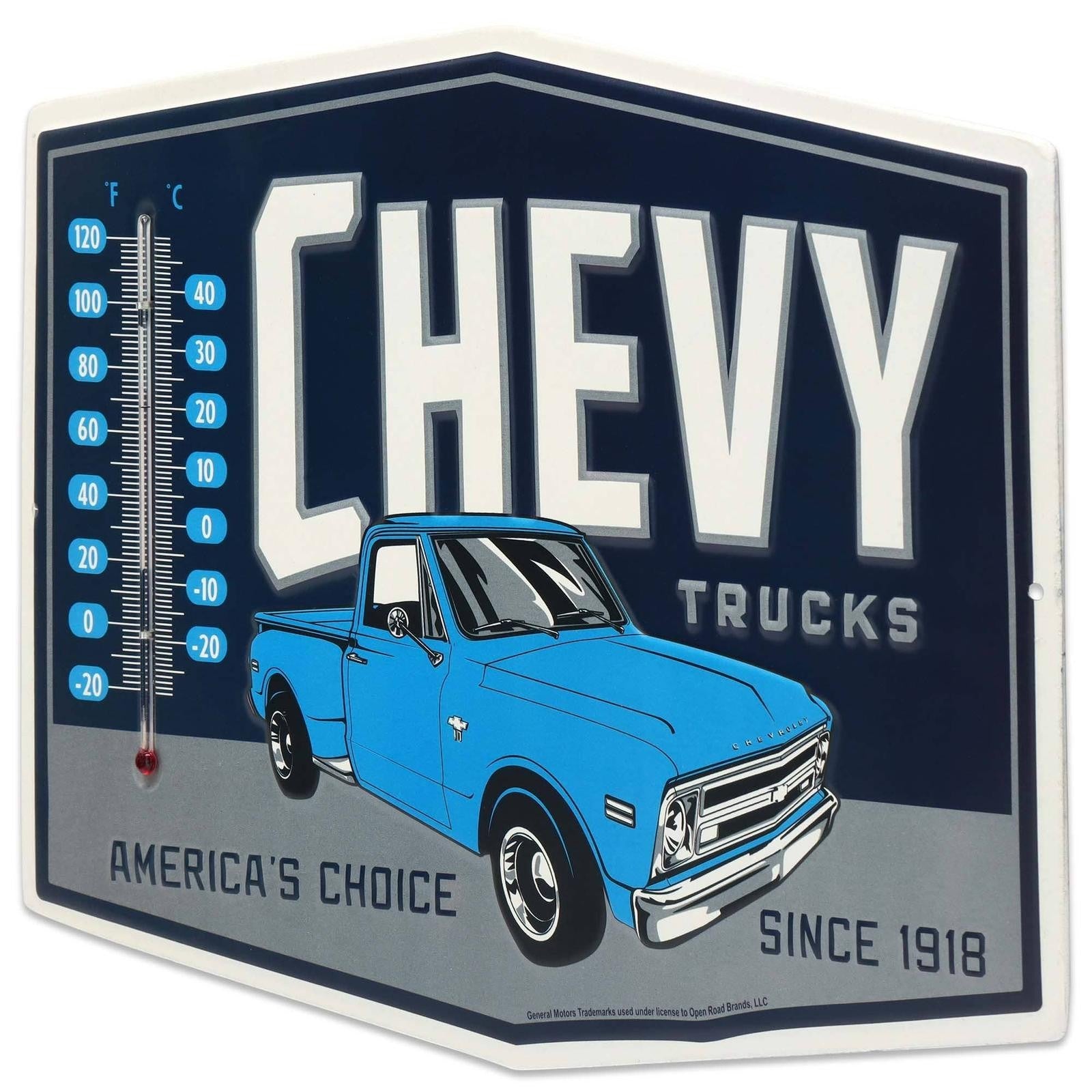 Angled view of Chevrolet Trucks metal wall thermometer with a blue pickup truck and dual temperature scale