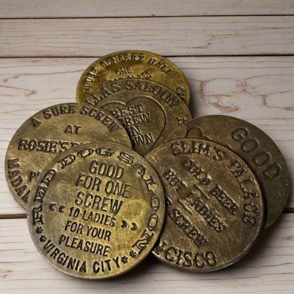 Brothel Solid Brass Tokens With Raised Lettering & Antique Finish (Set Of 6 Assorted Tokens) - Jones Peak