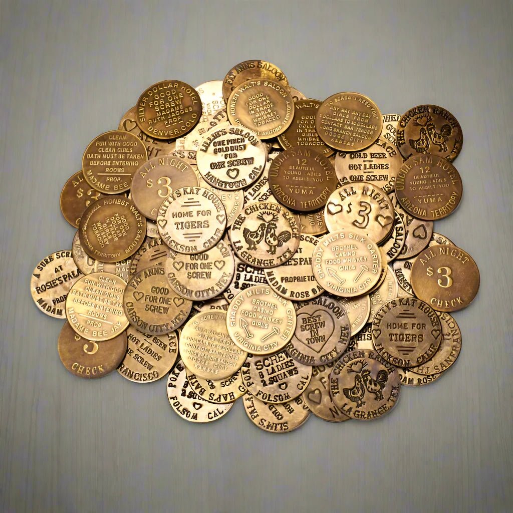 Brothel Solid Brass Tokens With Raised Lettering & Antique Finish (Set Of 6 Assorted Tokens) - Jones Peak