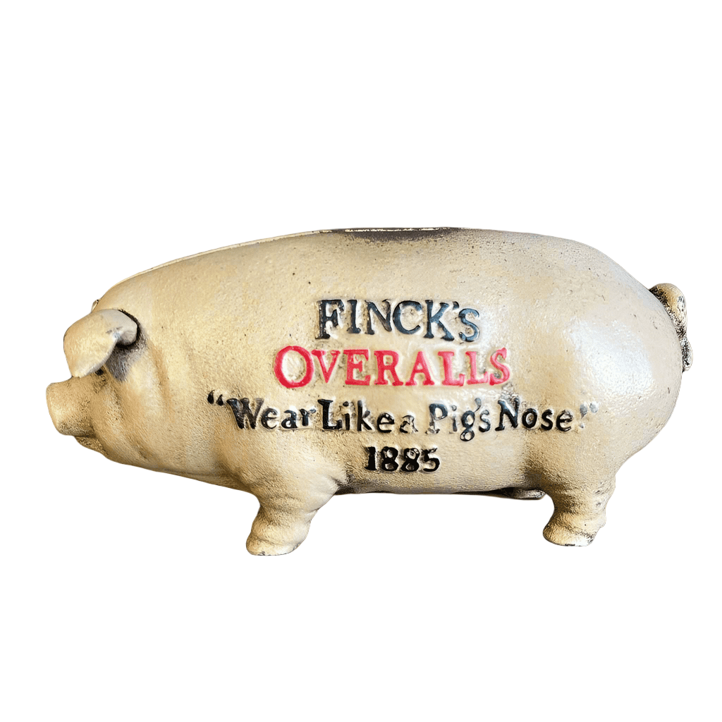 Finck's Overalls 1885 Cast Iron Coin Bank With Raised Lettering Antique Finish (8" x 3" x 3.75") - Jones Peak