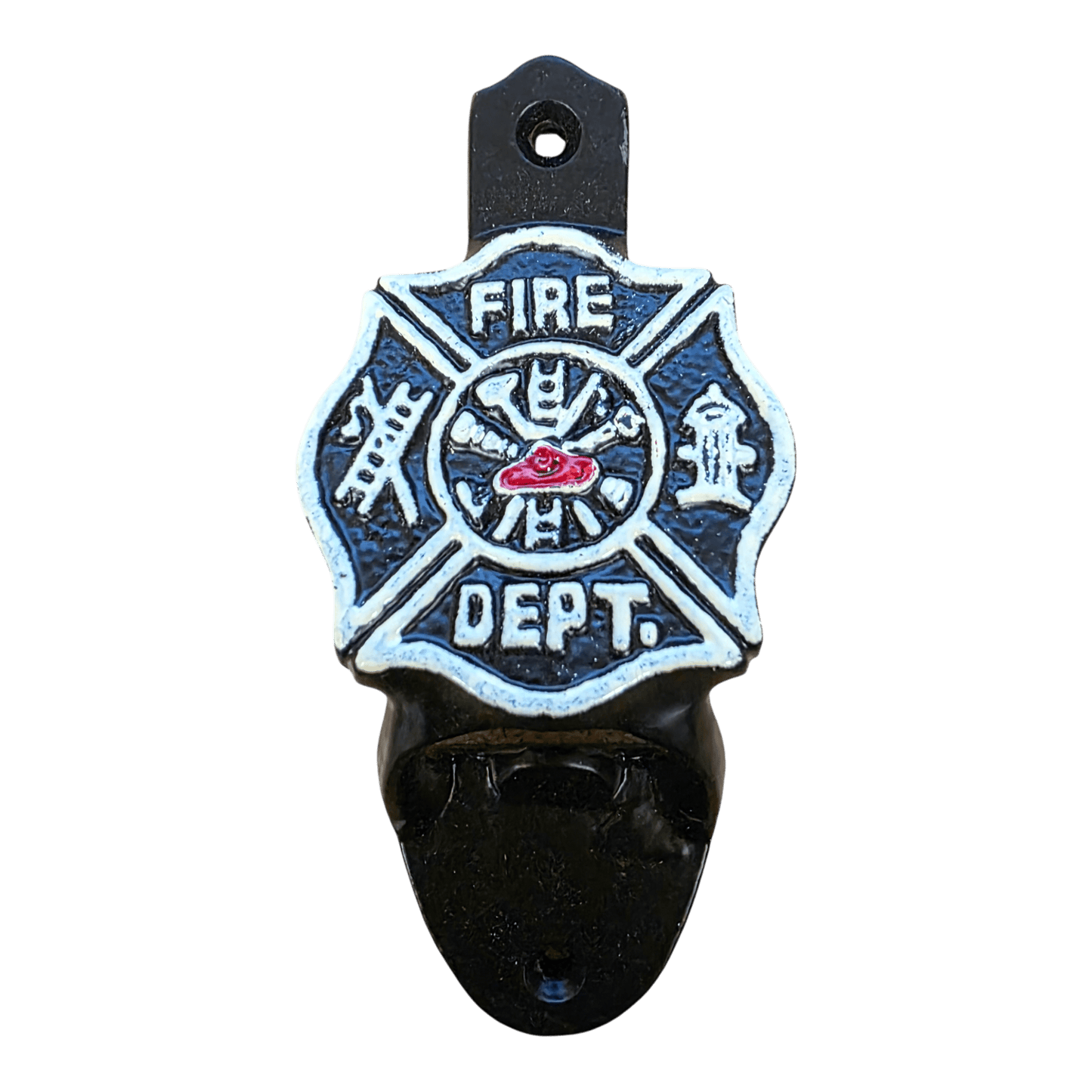 Fire Department Cast Iron Wall Mounted Bottle Opener With Raised Lettering & Painted Finish (4.5" x 2.25") - Jones Peak