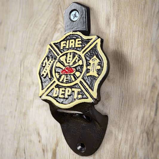 Fire Department Cast Iron Wall Mounted Bottle Opener With Raised Lettering & Painted Finish (4.5" x 2.25") - Jones Peak
