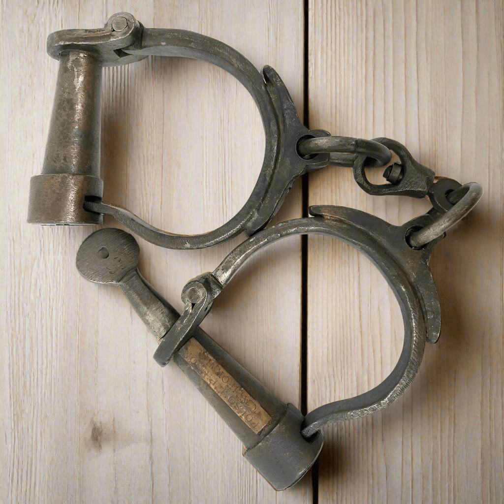 Folsom Prison California Cast Iron Handcuffs With Brass Tag & Antique Finish (12.5" Long) - Jones Peak