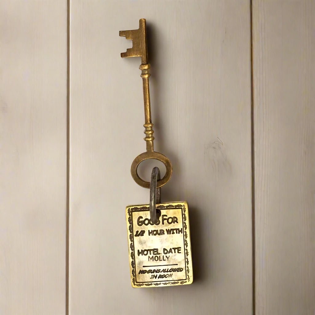 Gem's Saloon 1886 Tombstone Brothel Room Brass Tag & Key With Antique Finish (6.5" Long) - Jones Peak