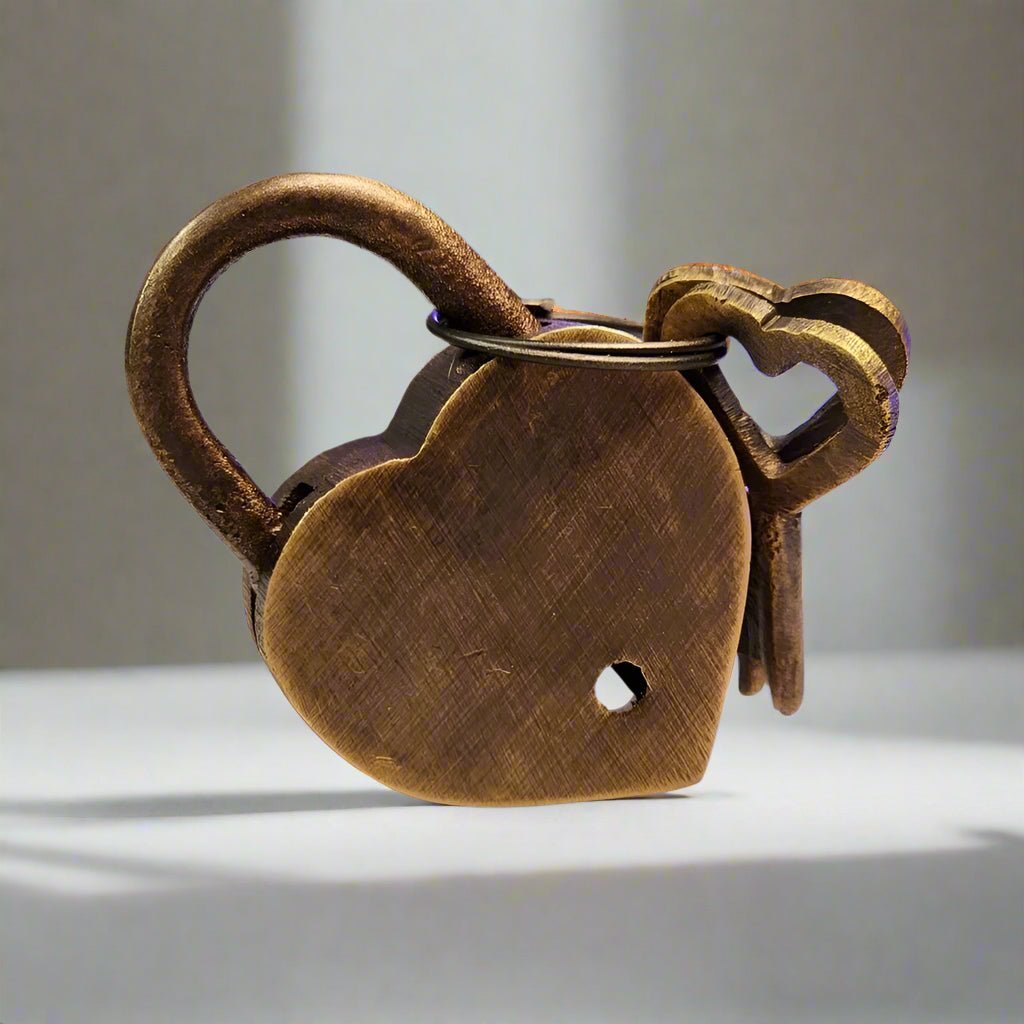 Heart Lock Solid Brass With Antique Finish And Heart Keys (2" x 1.25") - Jones Peak