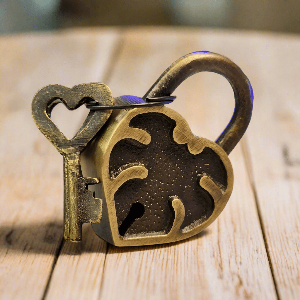 Heart Lock Solid Brass With Antique Finish And Heart Keys (2" x 1.25") - Jones Peak