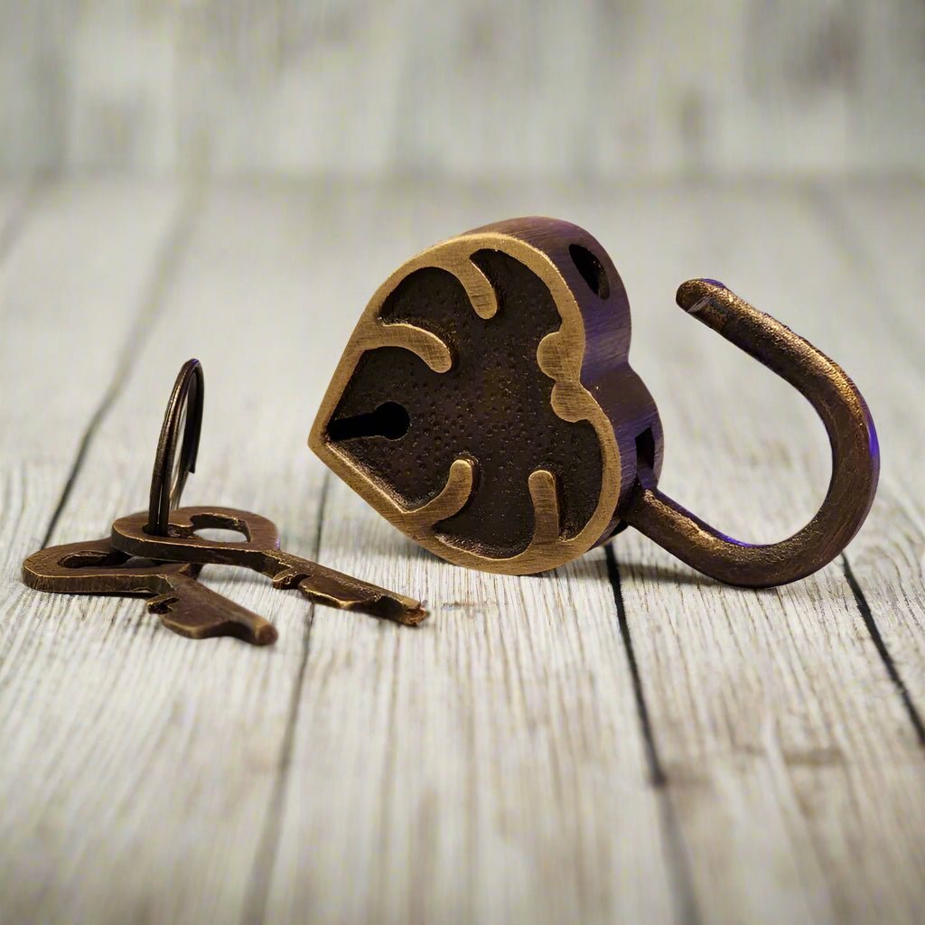 Heart Lock Solid Brass With Antique Finish And Heart Keys (2" x 1.25") - Jones Peak