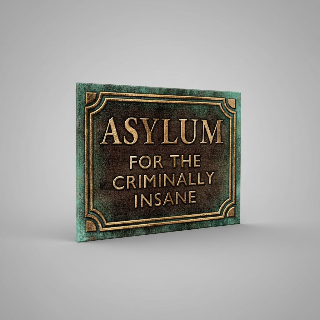 Jones Peak Asylum for the Criminally Insane metal sign with a weathered green and bronze distressed finish.