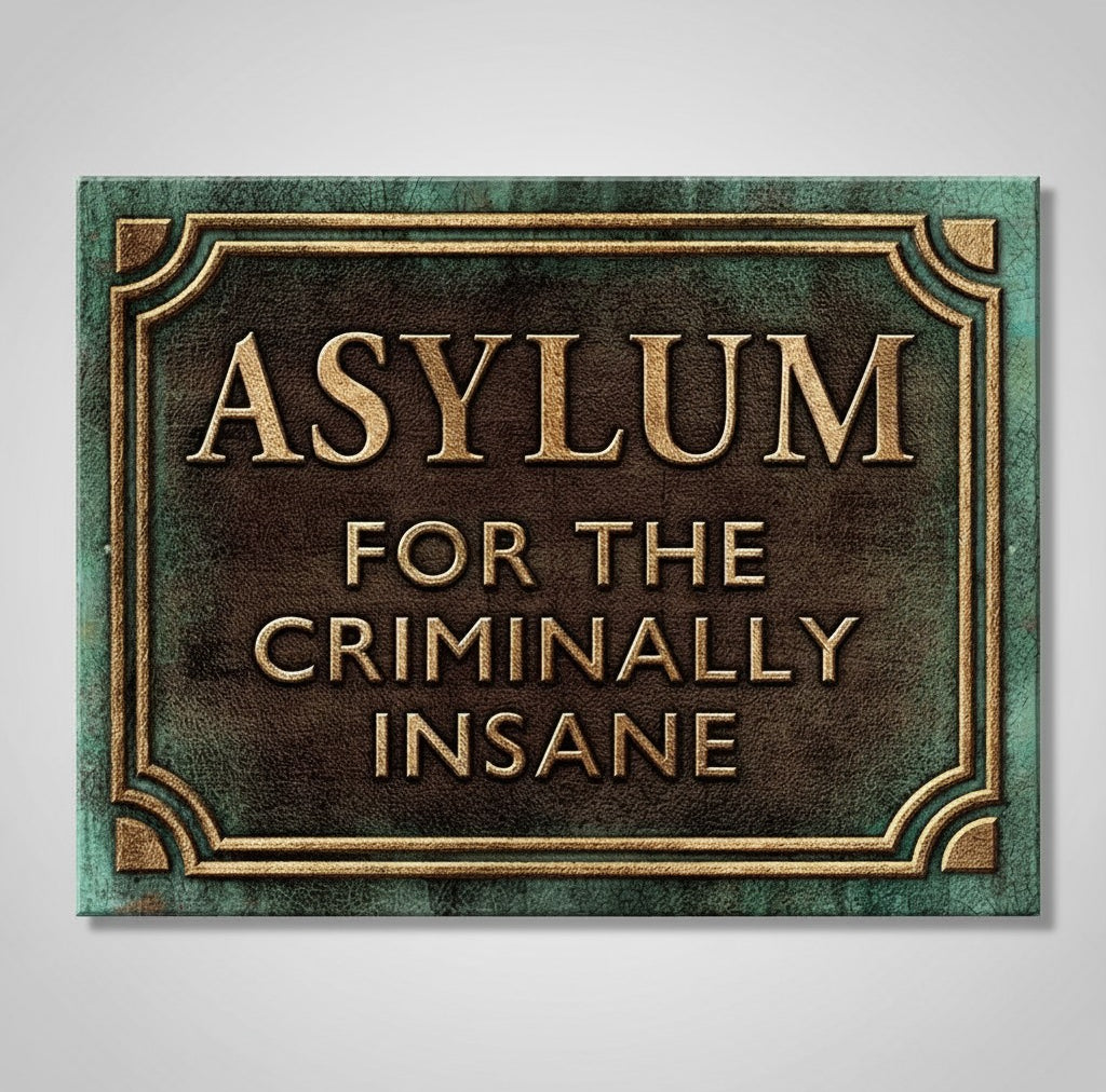 Jones Peak Asylum for the Criminally Insane metal sign with a weathered green and bronze distressed finish.