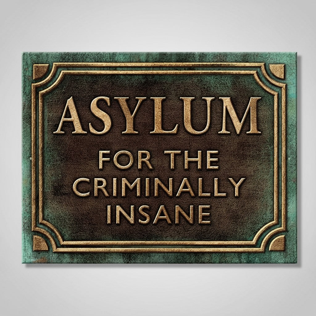 Jones Peak Asylum for the Criminally Insane metal sign with a weathered green and bronze distressed finish.