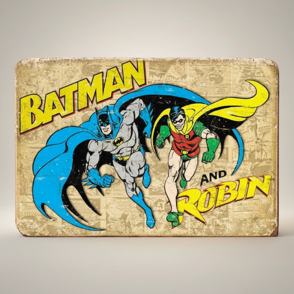 Jones Peak Batman and Robin retro metal magnet with vintage comic art. Features Batman and Robin in action on a distressed background.