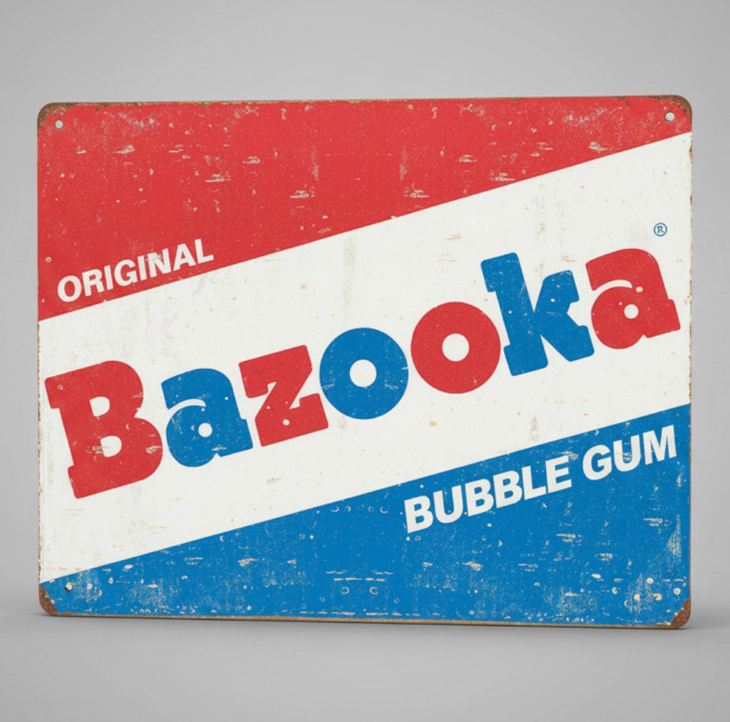 Jones Peak Bazooka Original Bubble Gum metal sign with distressed red, white, and blue retro advertising graphics.