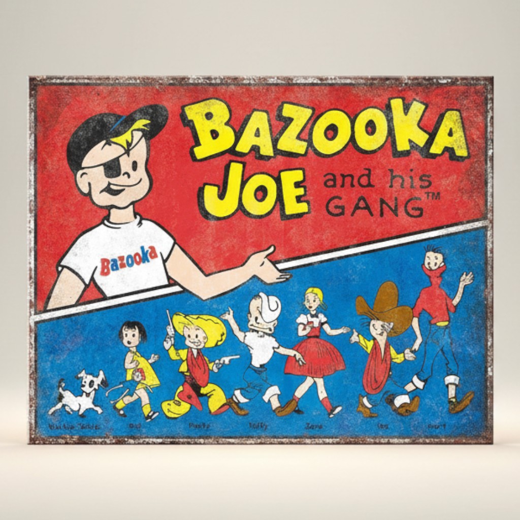Bazooka Joe Gang metal sign with retro comic characters in red, blue and yellow