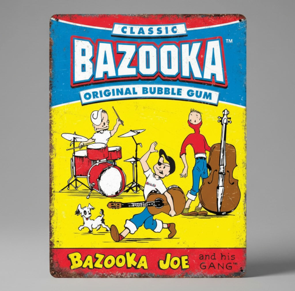 Jones Peak Bazooka Joe Band metal sign with distressed finish featuring comic characters playing music instruments.