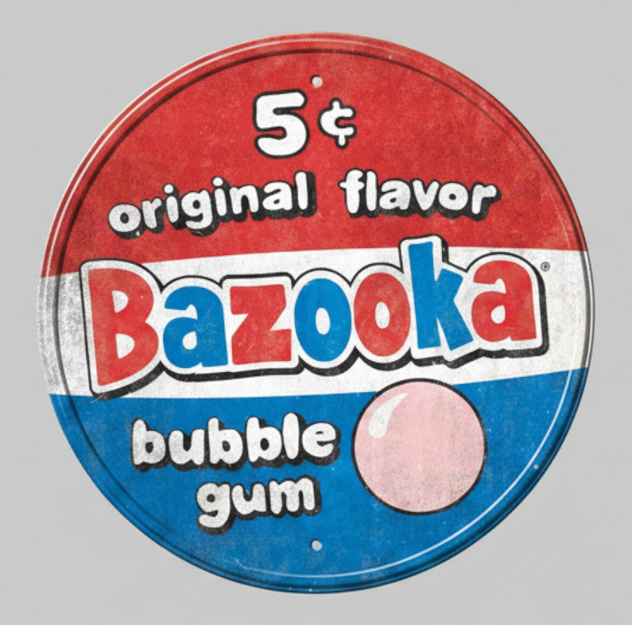Jones Peak round Bazooka bubble gum metal sign with distressed red, white, and blue retro candy shop graphics.