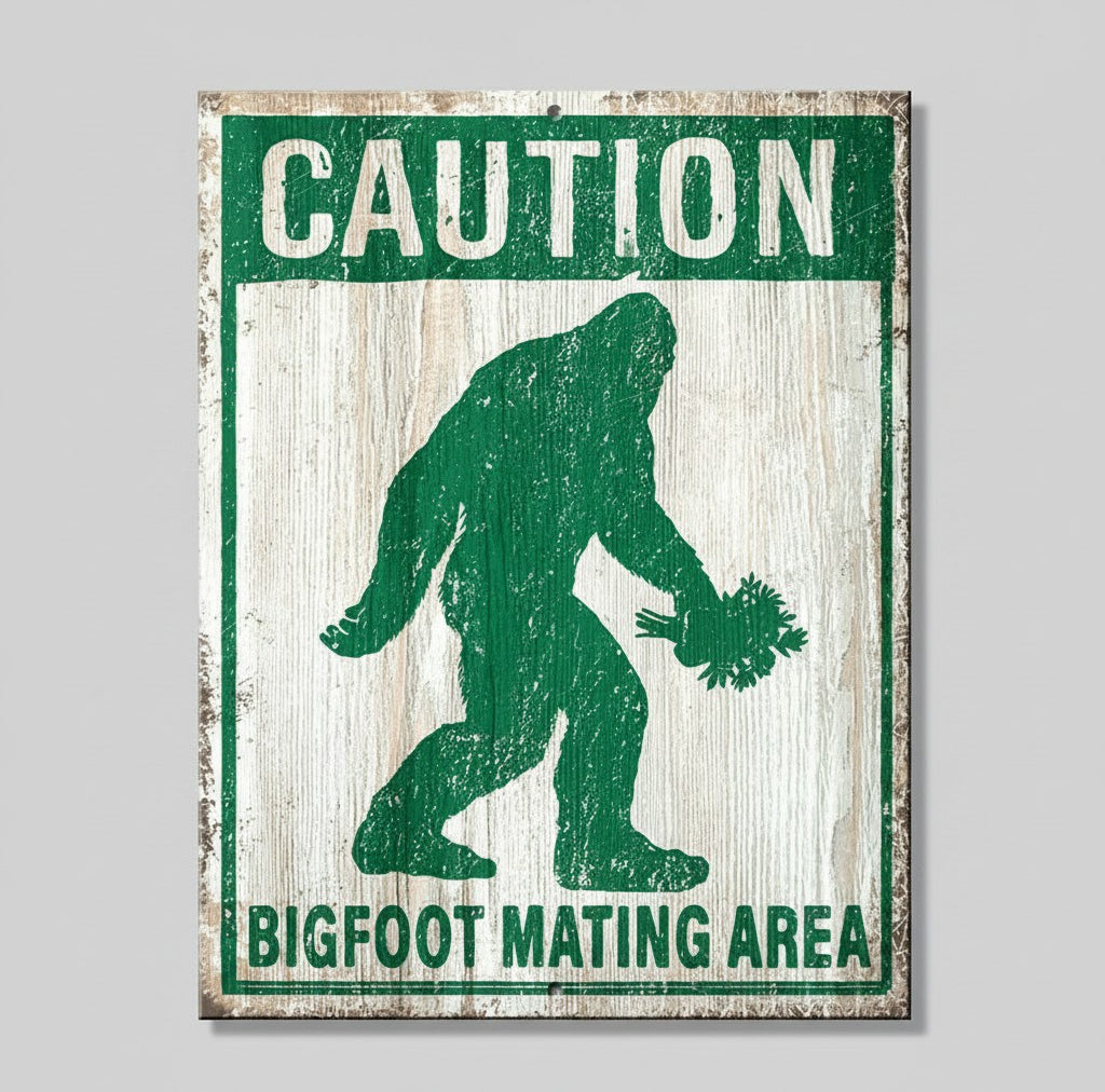 Jones Peak metal sign with a distressed green and white Caution Bigfoot Mating Area design and Sasquatch silhouette.