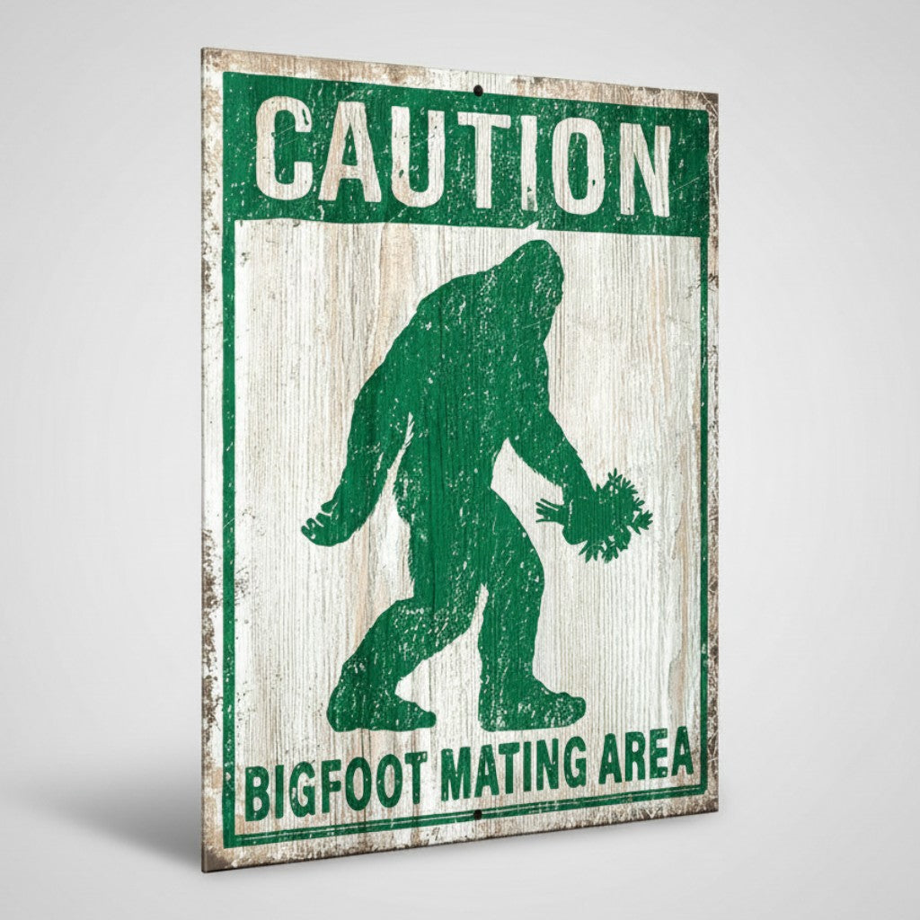 Jones Peak Caution Bigfoot Mating Area metal sign with a distressed green and white Sasquatch silhouette design.