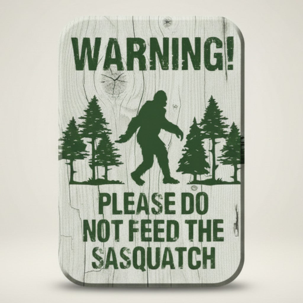 Jones Peak Bigfoot Sasquatch Do Not Feed Magnet with vintage design on wood background.