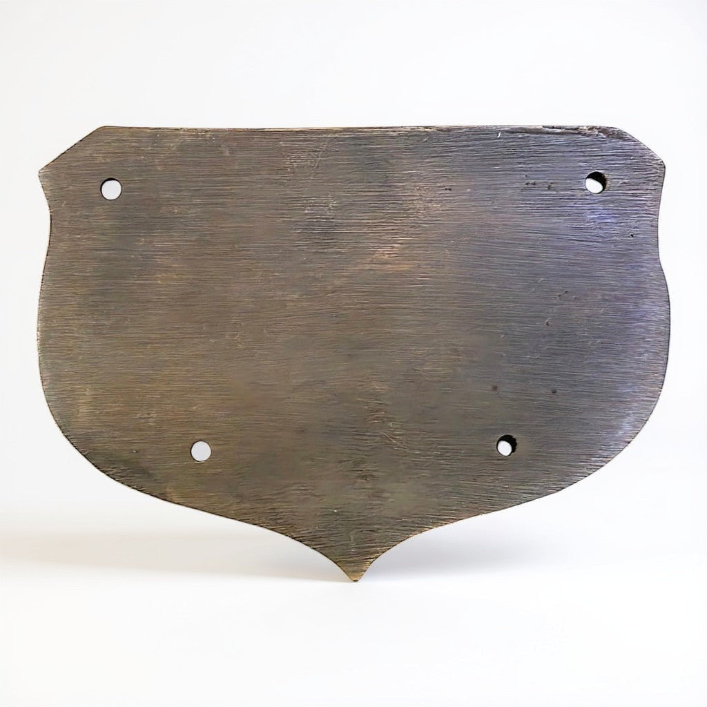 Jones Peak solid brass plaque with an antique patina finish and four mounting holes, shown from the back side.