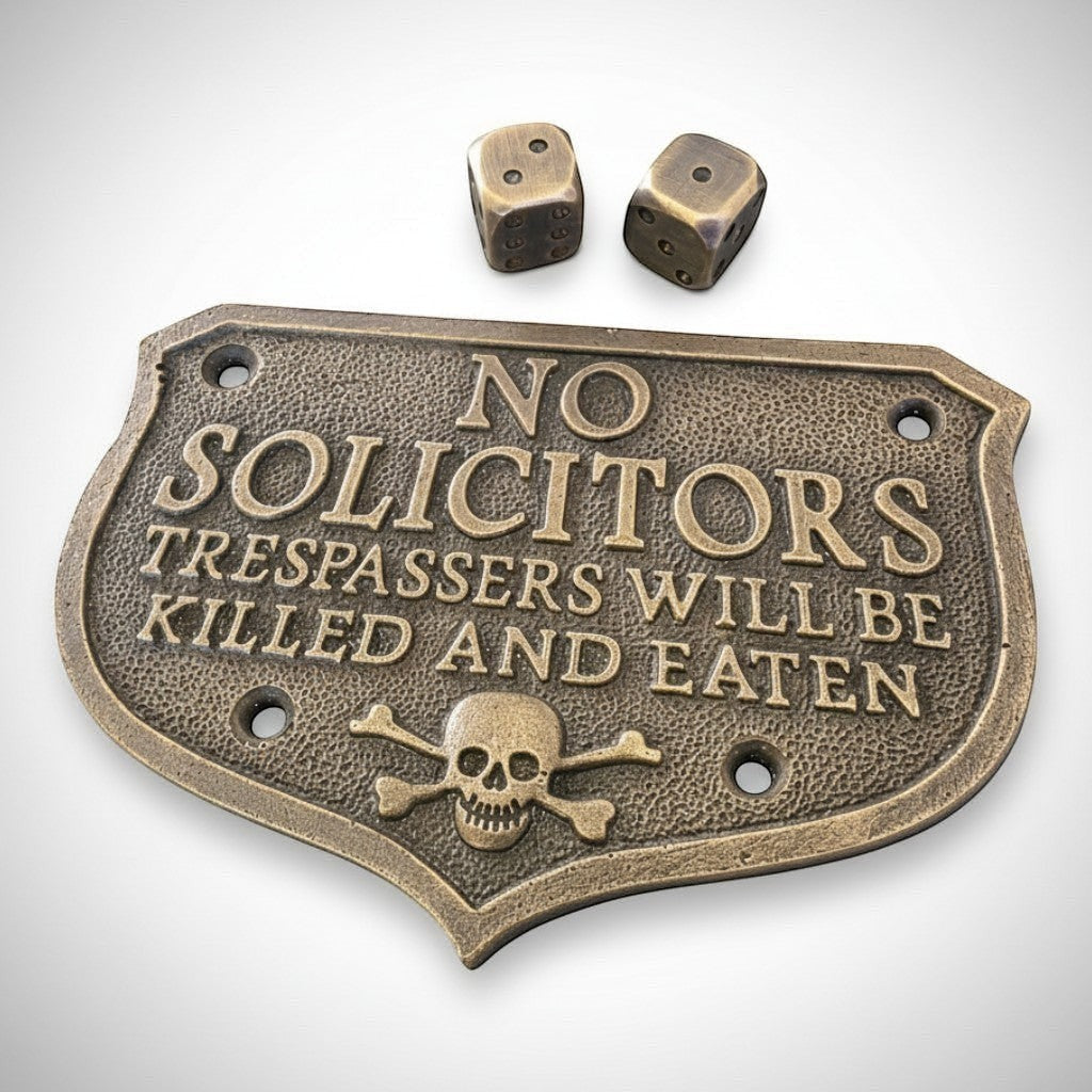 Jones Peak solid brass No Solicitors plaque with embossed skull and crossbones and antique patina finish