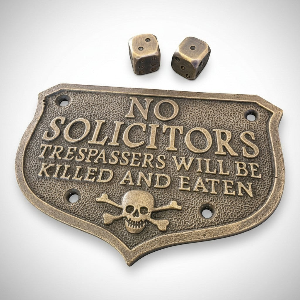 Jones Peak solid brass No Solicitors plaque with embossed skull and crossbones and antique patina finish